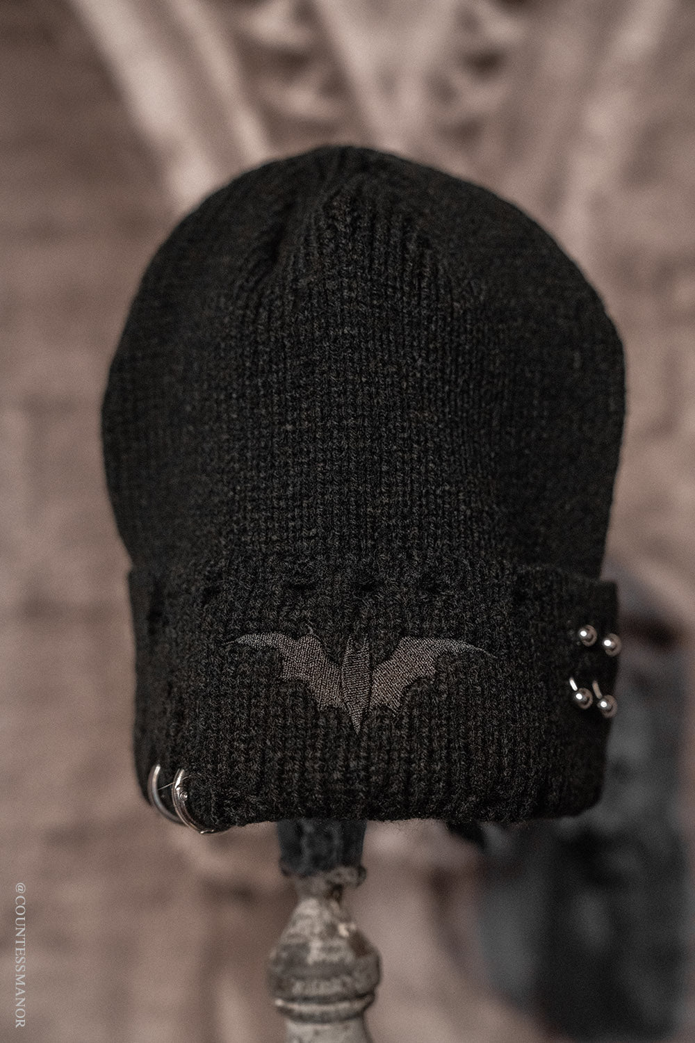Distressed Pierced Beanie [Black Bat] – VampireFreaks