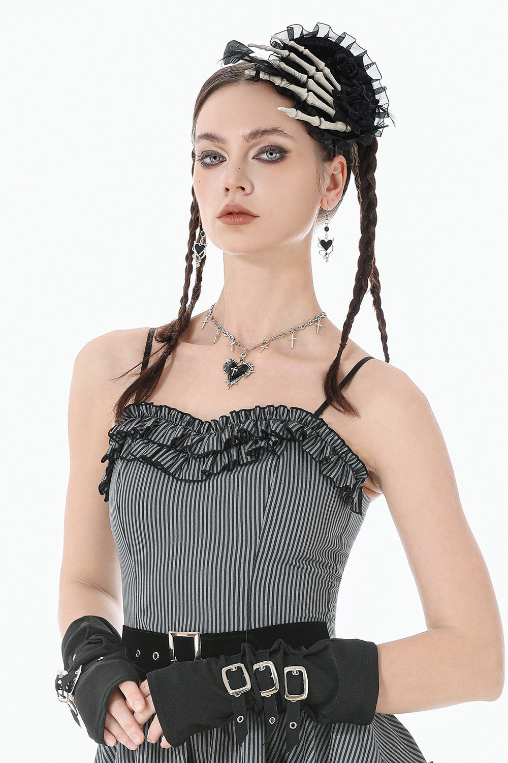 spiked black heart punk necklace with gothic crosses