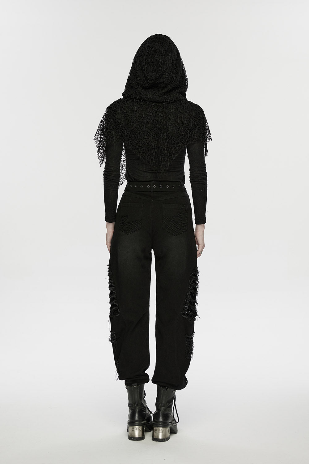 grunge goth fishnet shredded distressed jeans with belt