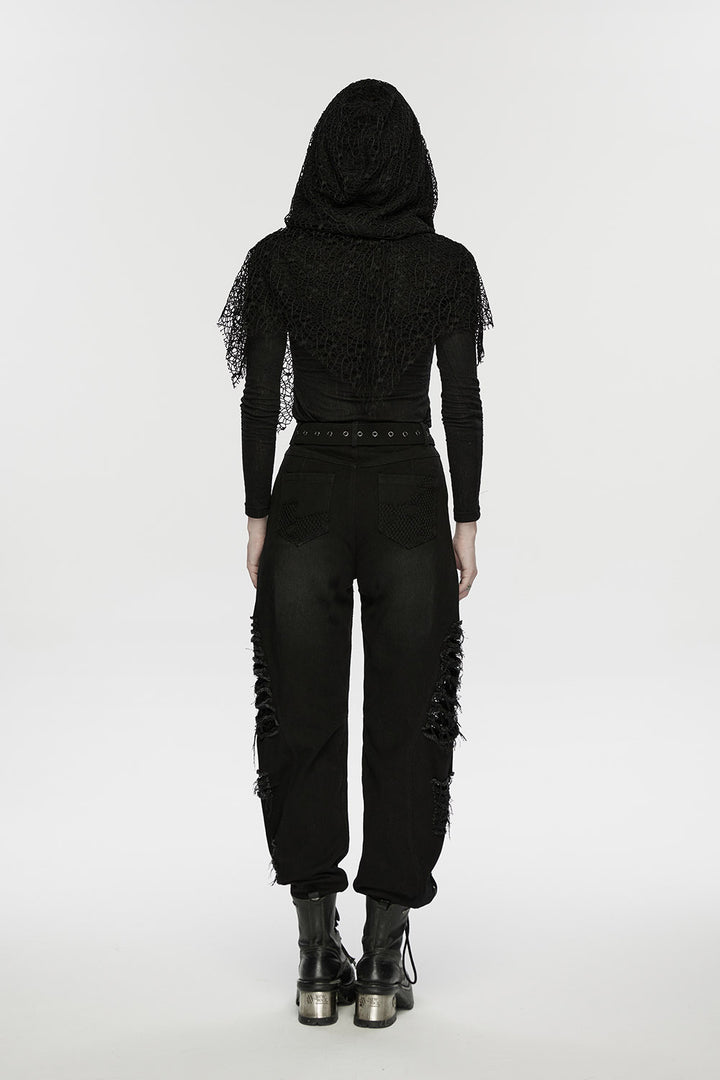 grunge goth fishnet shredded distressed jeans with belt