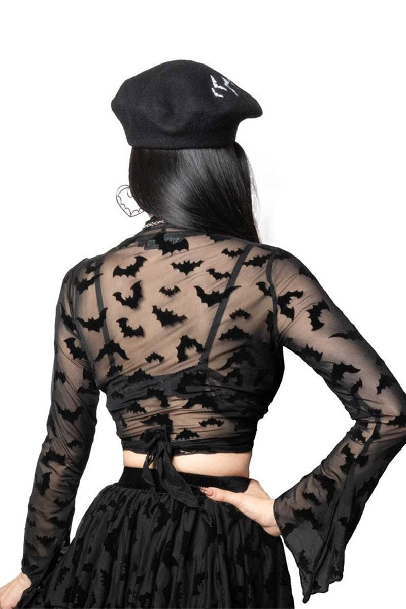 black mesh long sleeve bat top with front tie top