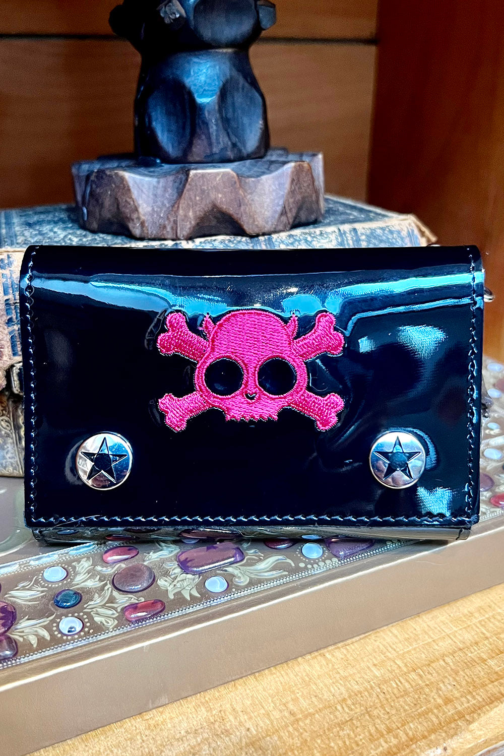 Cartera de motociclista con calavera y huesos cruzados [ROSA]