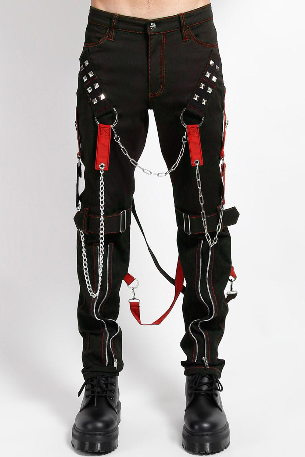 punk studded red and black tripp NYC straight-leg pants