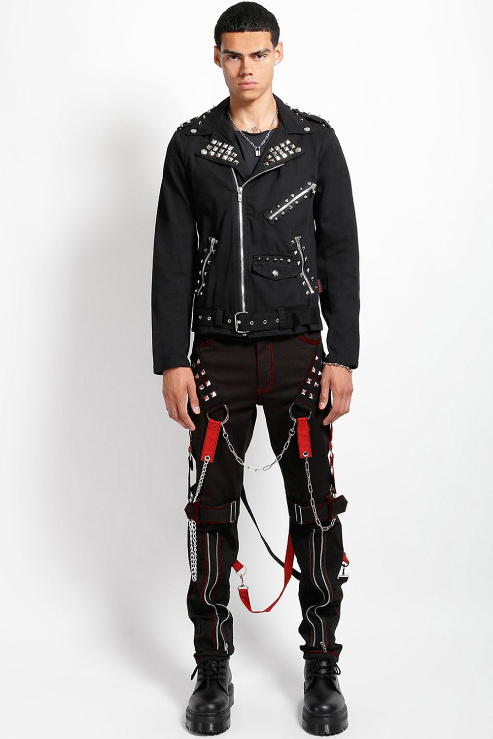 mens punk studded red and black tripp NYC straight-leg pants