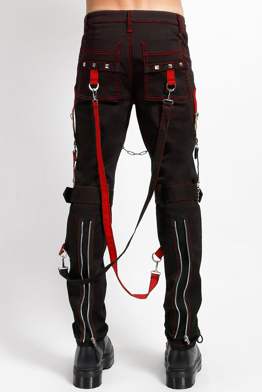 punk studded red and black tripp NYC straight-leg pants with leg straps 