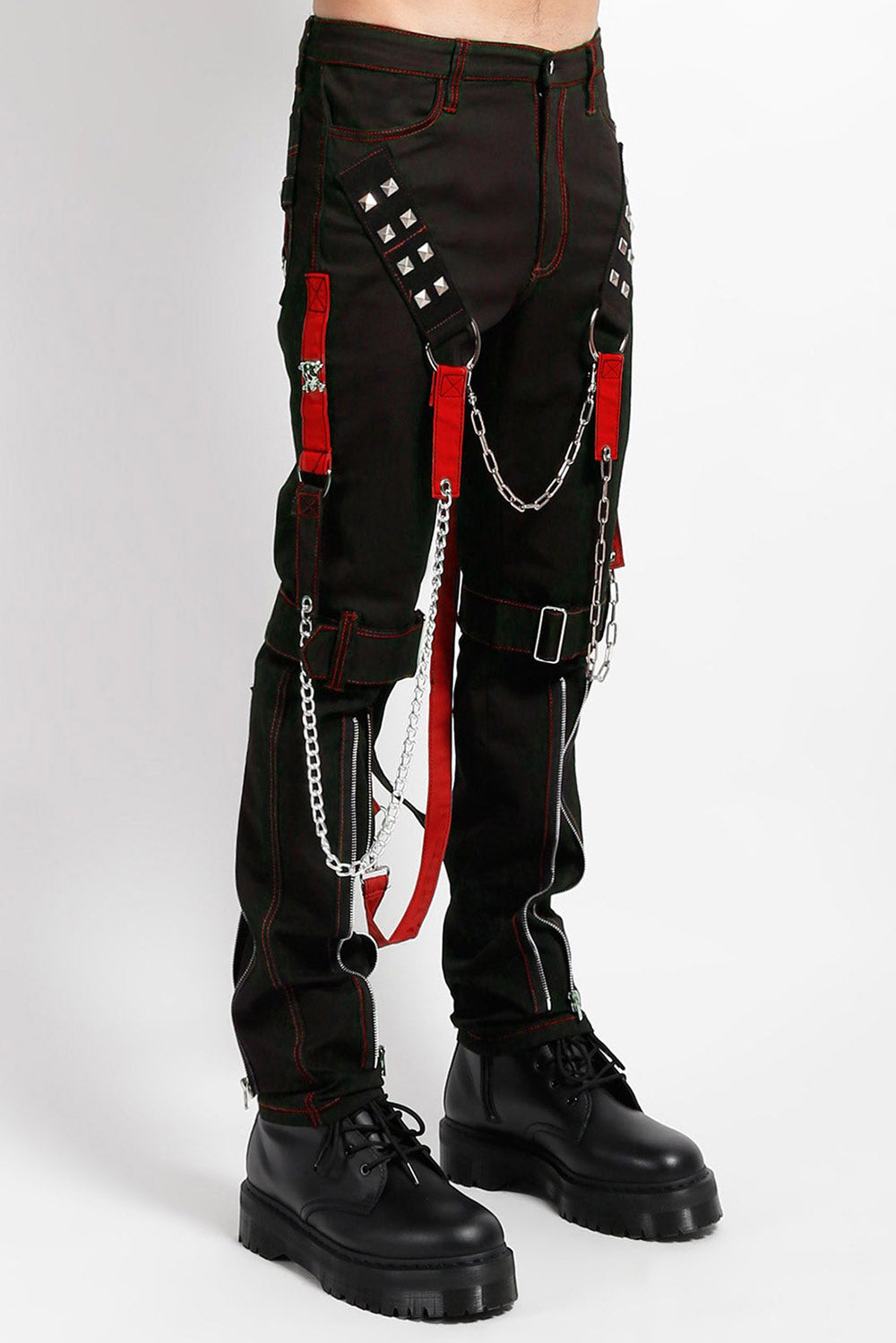 punk studded red and black tripp NYC straight-leg pants with chains