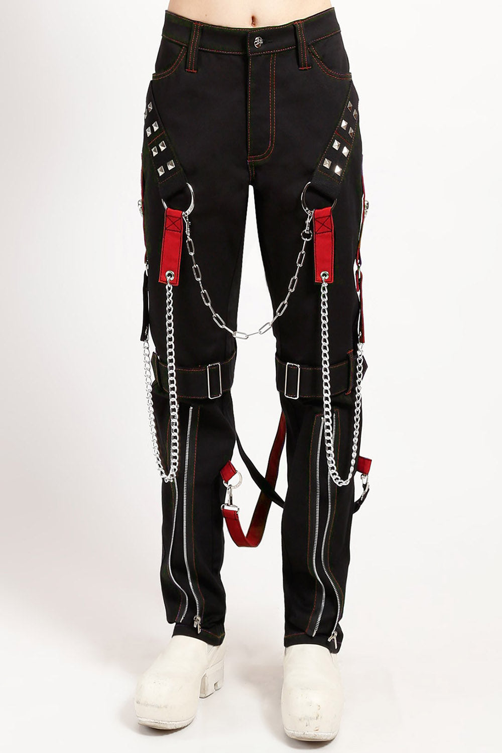punk studded red and black tripp NYC straight-leg pants with pockets for women
