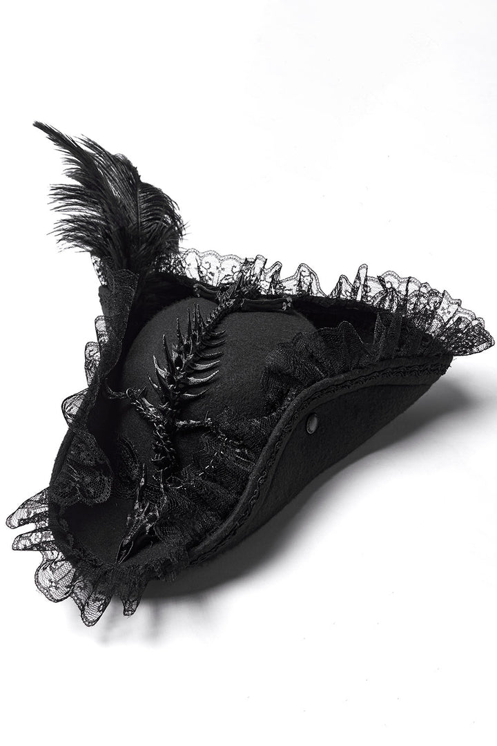 black ruffled pirate hat with animal skeleton 