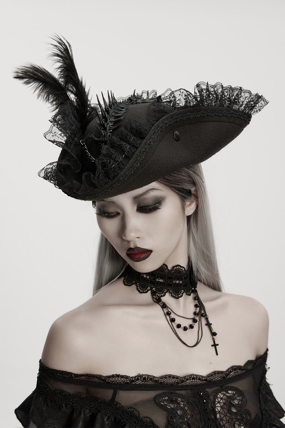 ruffled pirate hat with feather