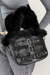 small punk black vegan fur purse with piercings 