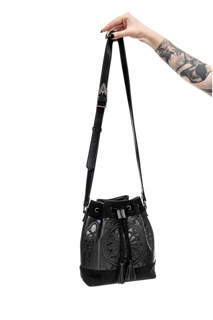 womens black witchy drawstring bucket bag