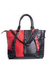 punk red and black split harley quinn inspired purse