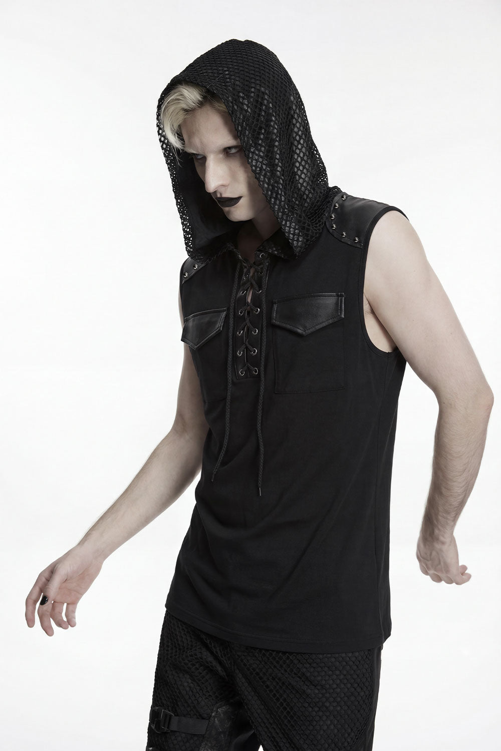 Punk Rave mens top with shredded mesh, a statement hood, lace-up detailing, and an angled front silhouette