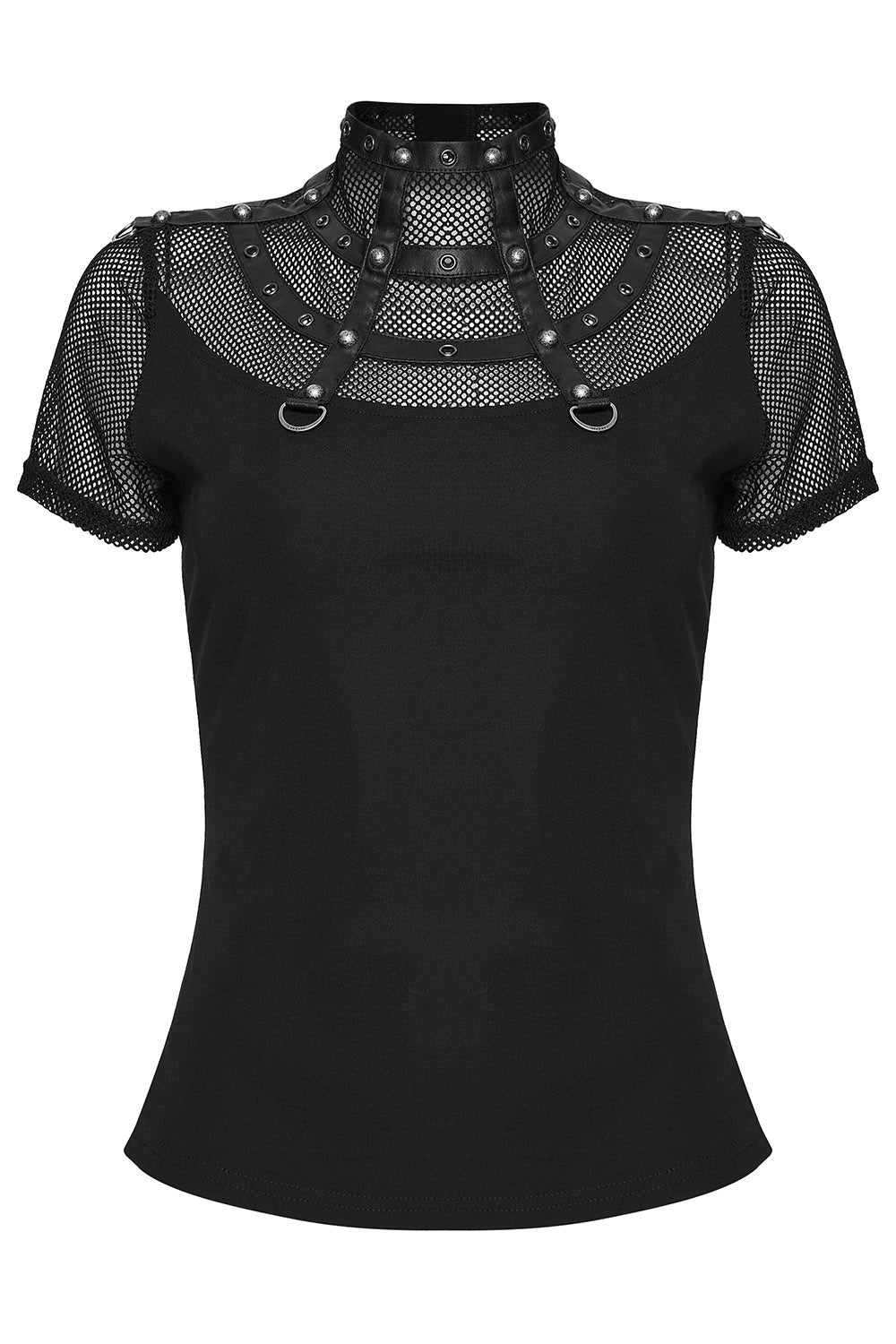 mesh and caged studded black short sleeve fishnet shirt for women