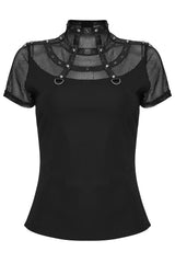 mesh and caged studded black short sleeve fishnet shirt for women