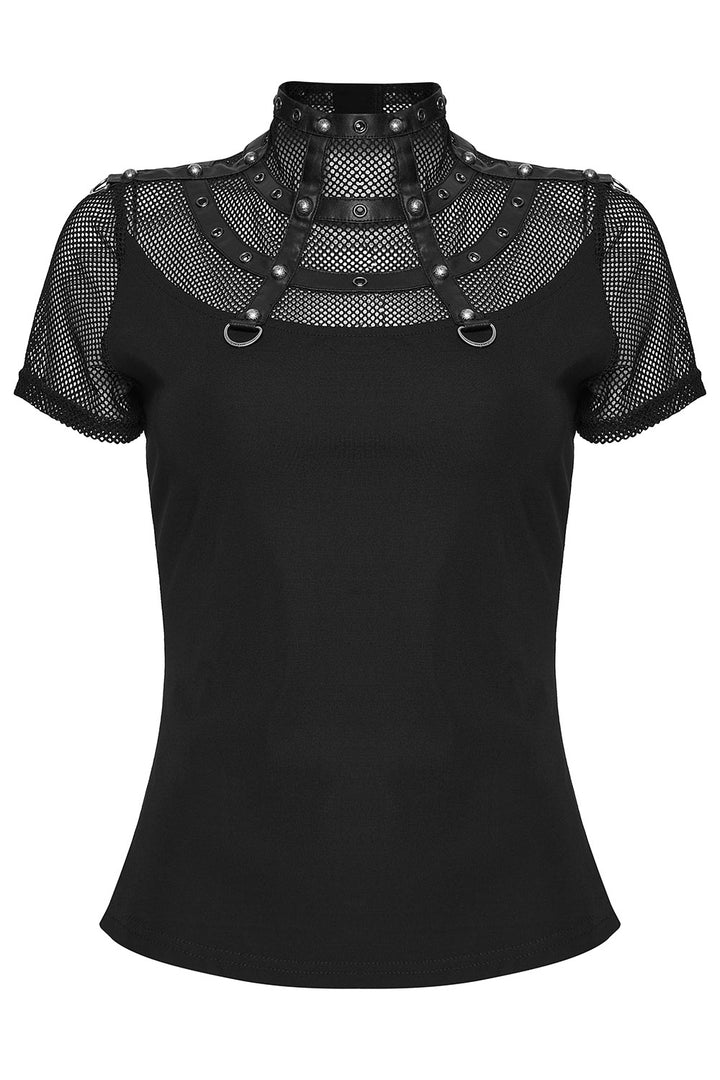 mesh and caged studded black short sleeve fishnet shirt for women