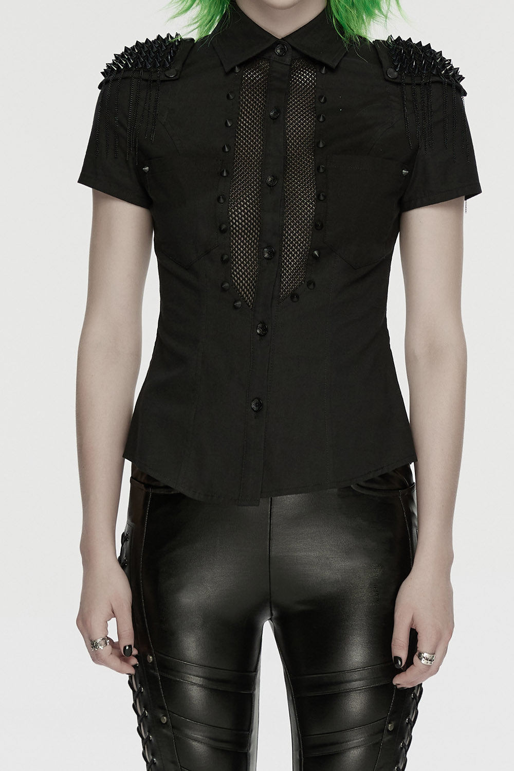 button-up studded fishnet short sleeve shirt