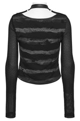 womens mall goth distressed grey and black stripe long sleeve fishnet top  with attached collar
