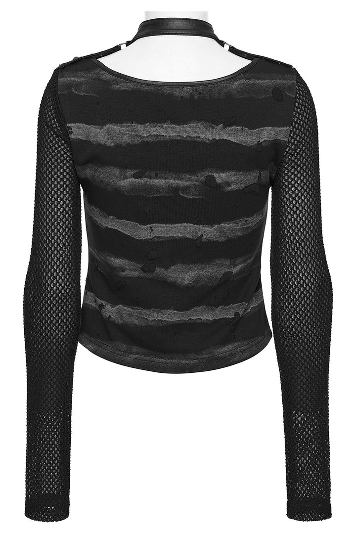 womens mall goth distressed grey and black stripe long sleeve fishnet top  with attached collar
