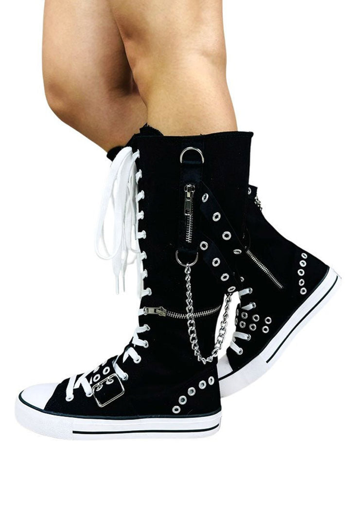 2000s emo knee high canvas sneakers with eyelets and chains