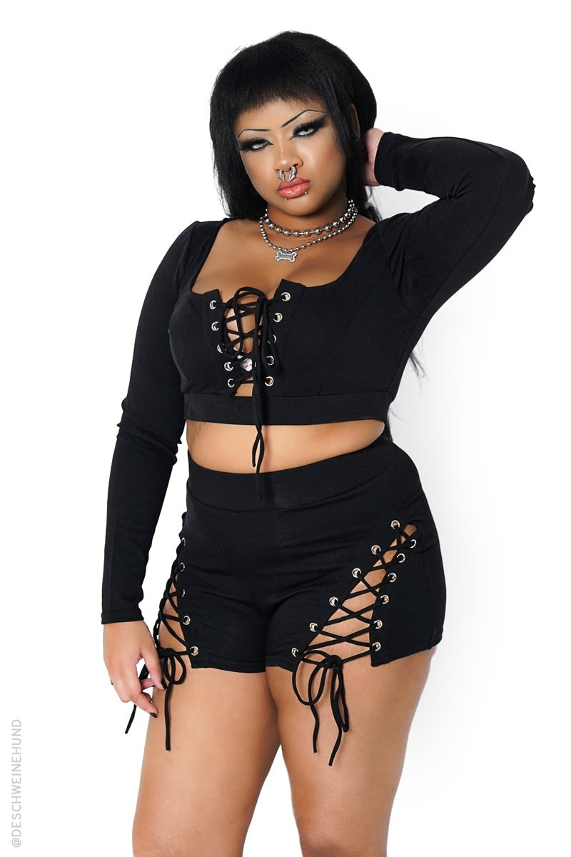 womens black high-waisted lace-up corset shorts