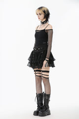 Side view of model wearing Dark In Love womens eyelet mini skirt