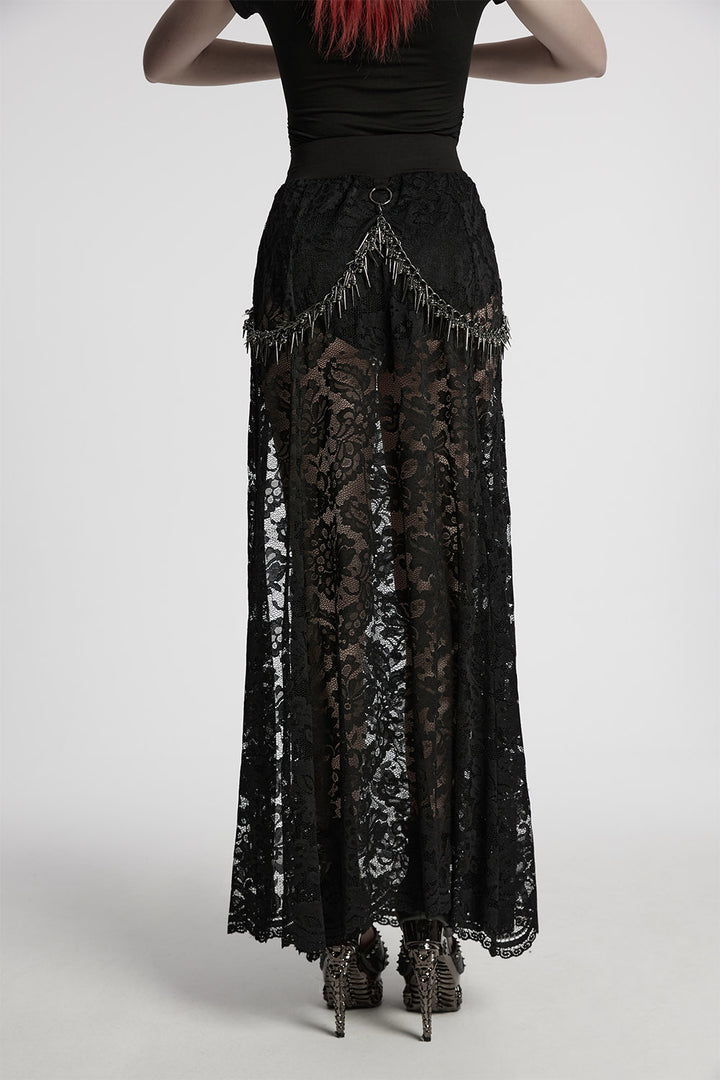 punk black lace skirt with chain straps 