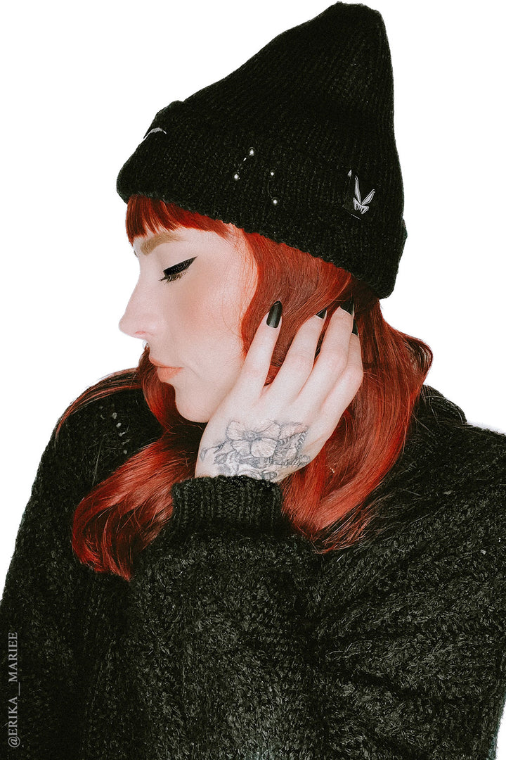 pierced punk black knitted beanie hat