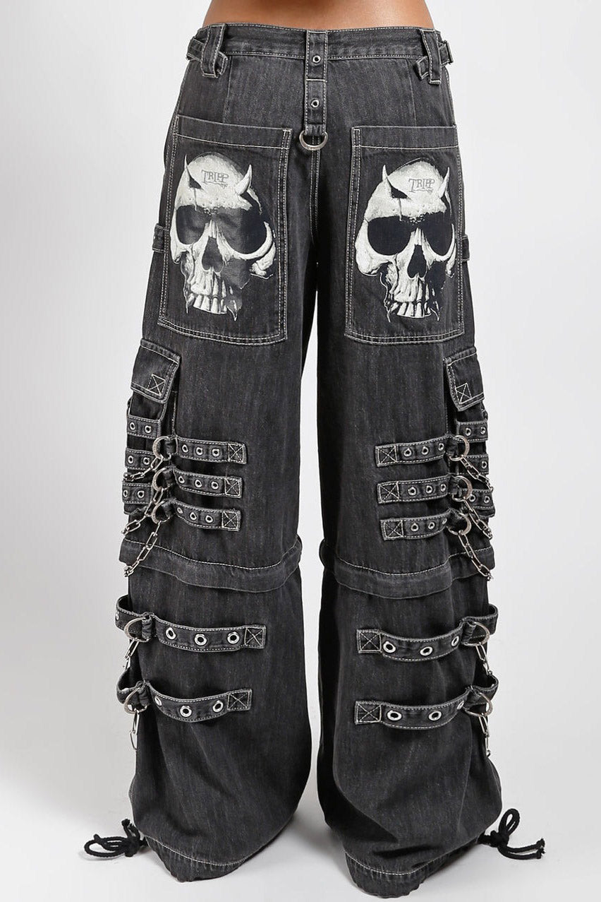 mens chain strap punk skull printed jeans 