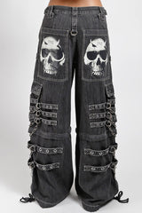 mens chain strap punk skull printed jeans 