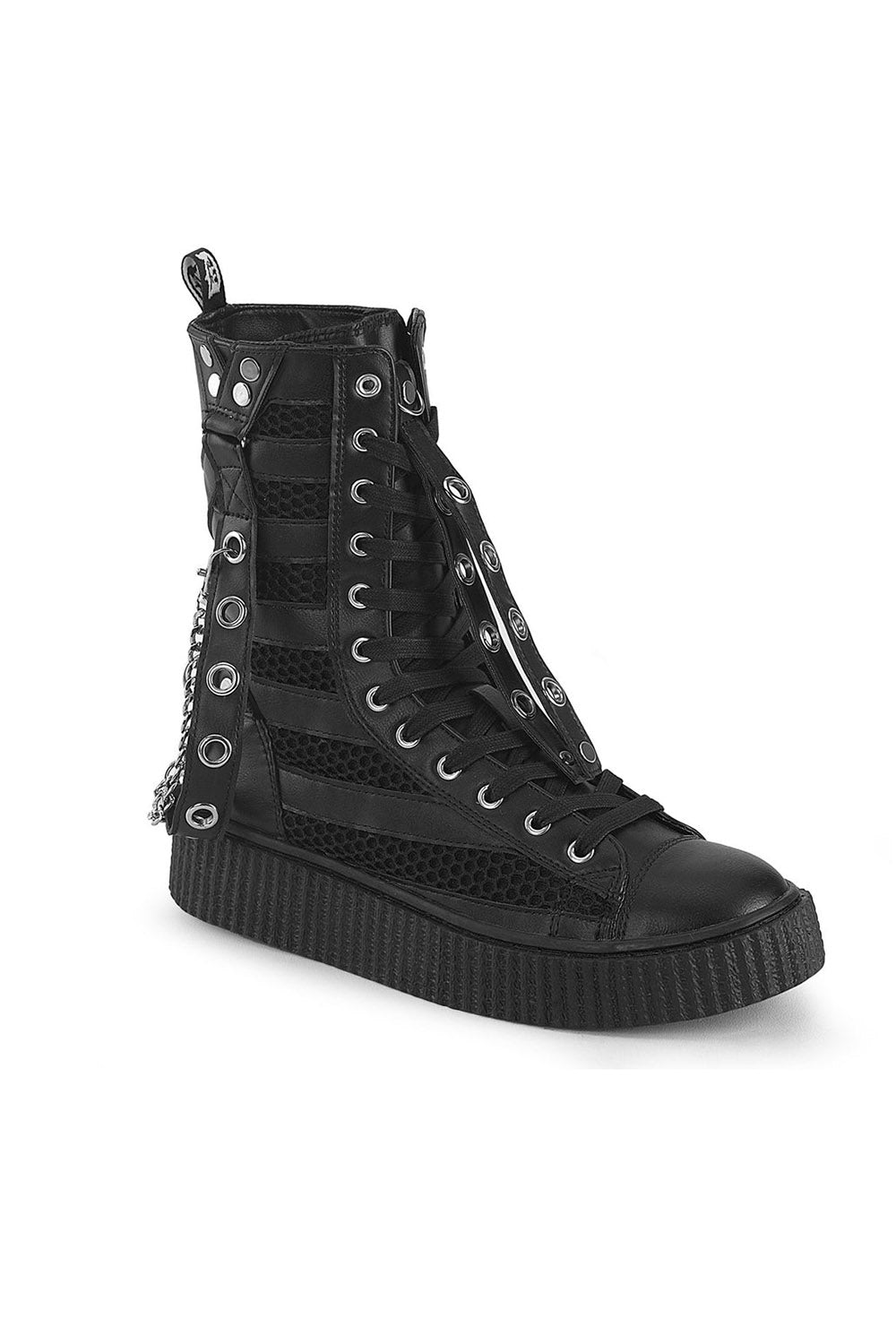 striped high top vegan leather fishnet  sneaker boots by demonia