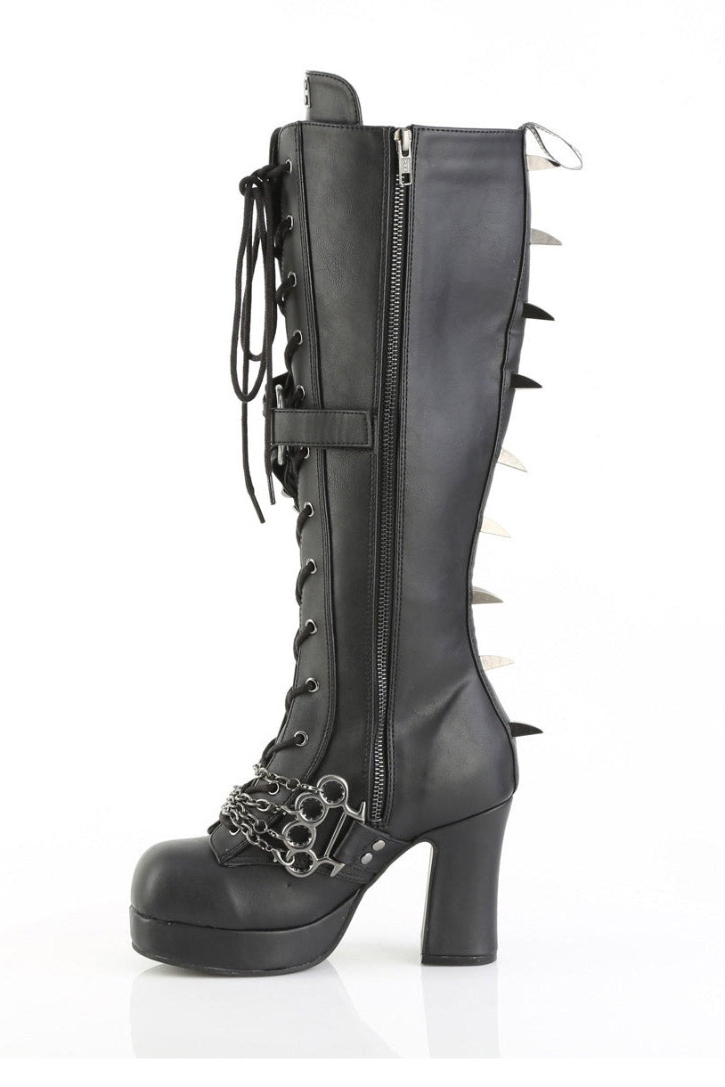 demonia punk rock spiked tall black vegan leather platform boots