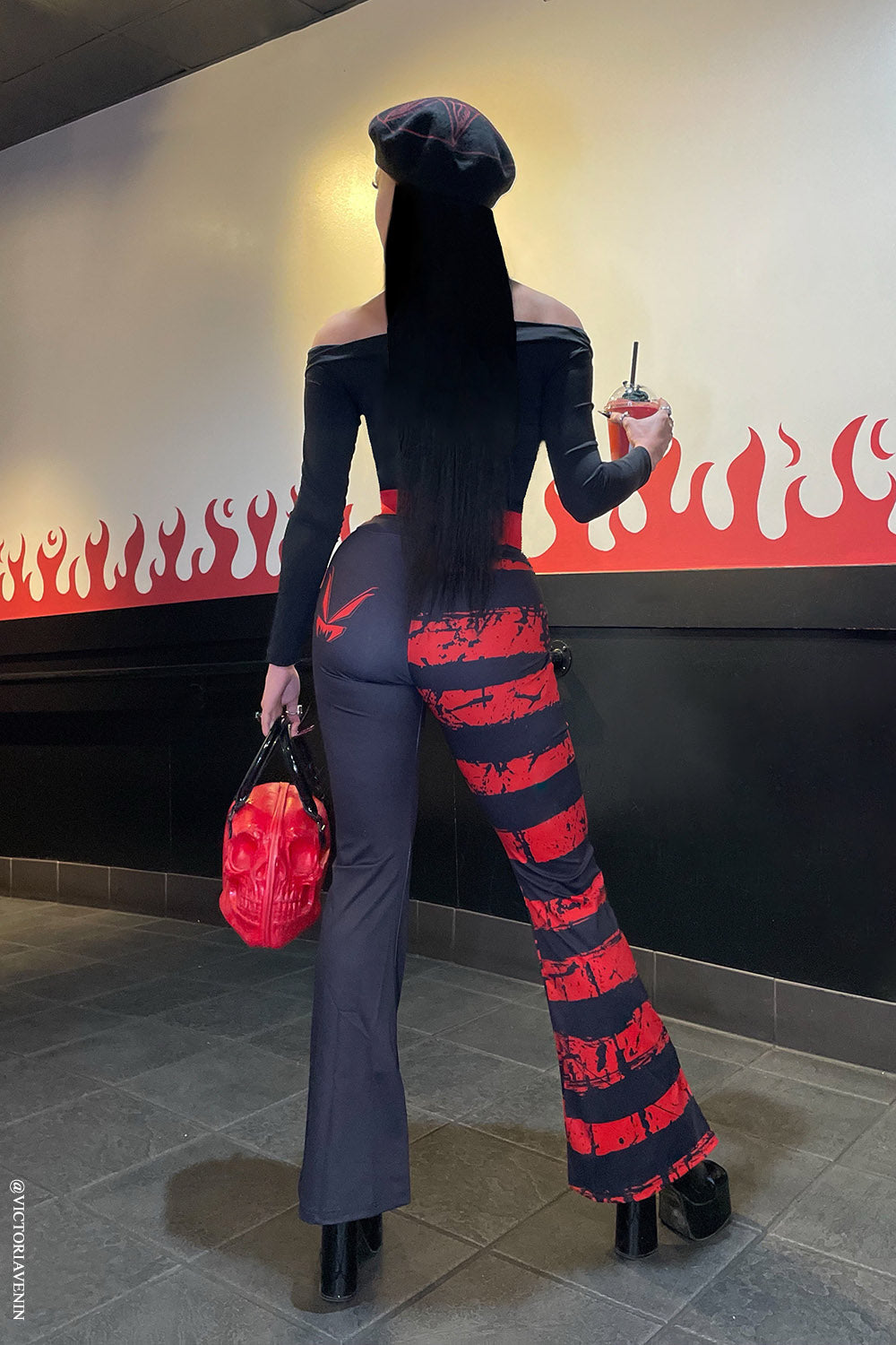 womens creepy cute red and black striped emo flares