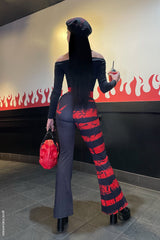 womens creepy cute red and black striped emo flares