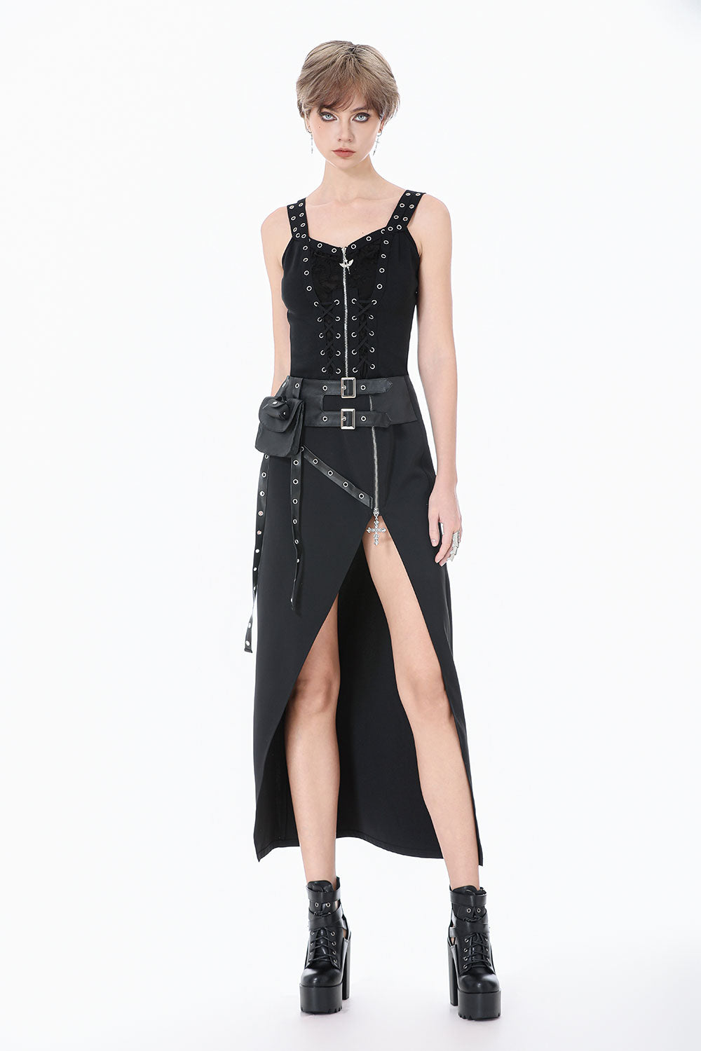 Punk lace up grommet tank top