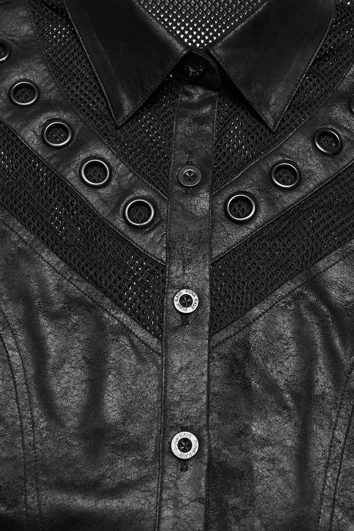 vegan leather womens button-up short sleeve punk top