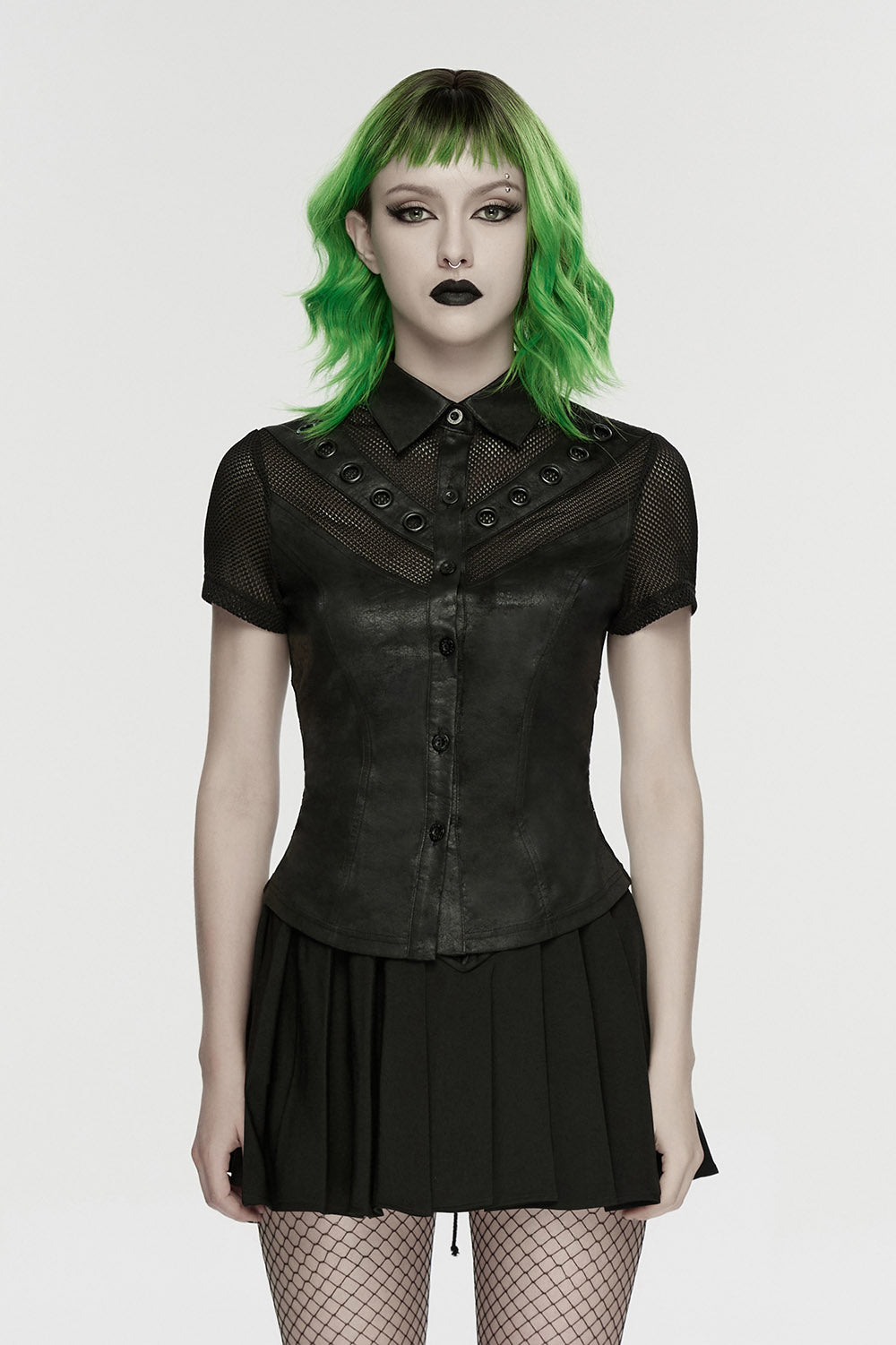 pointed collar womens button-up short sleeve punk top