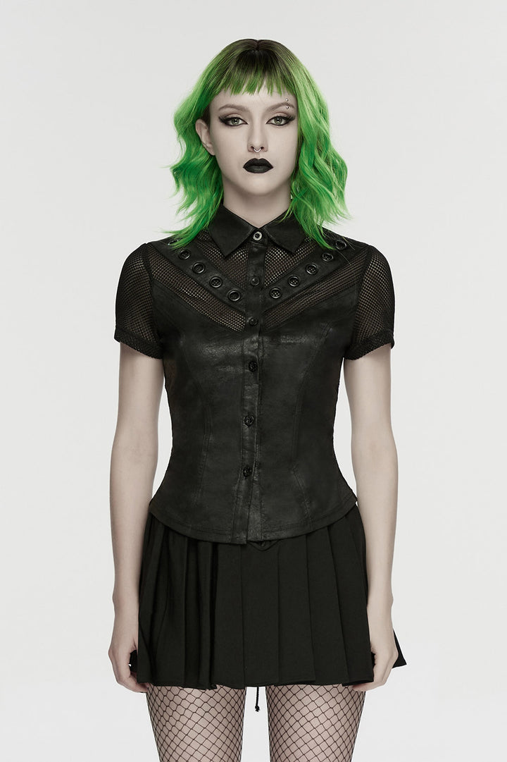 pointed collar womens button-up short sleeve punk top