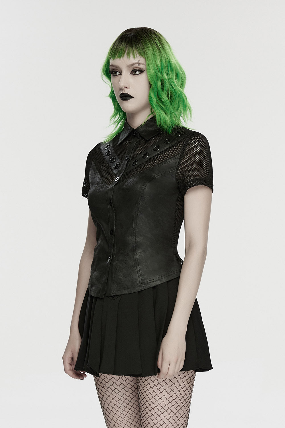 lace-up womens button-up short sleeve punk top