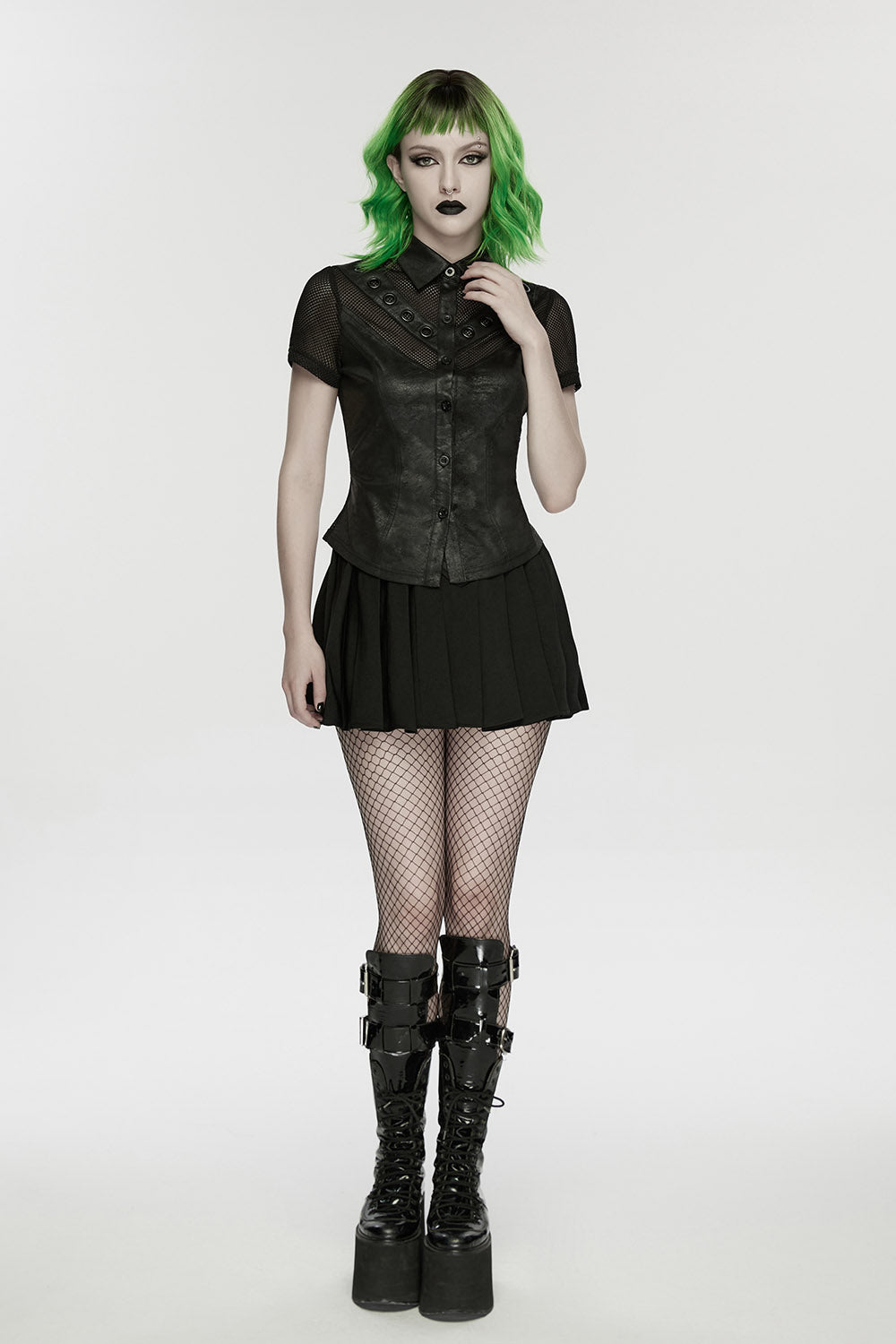 fishnet womens button-up short sleeve punk top