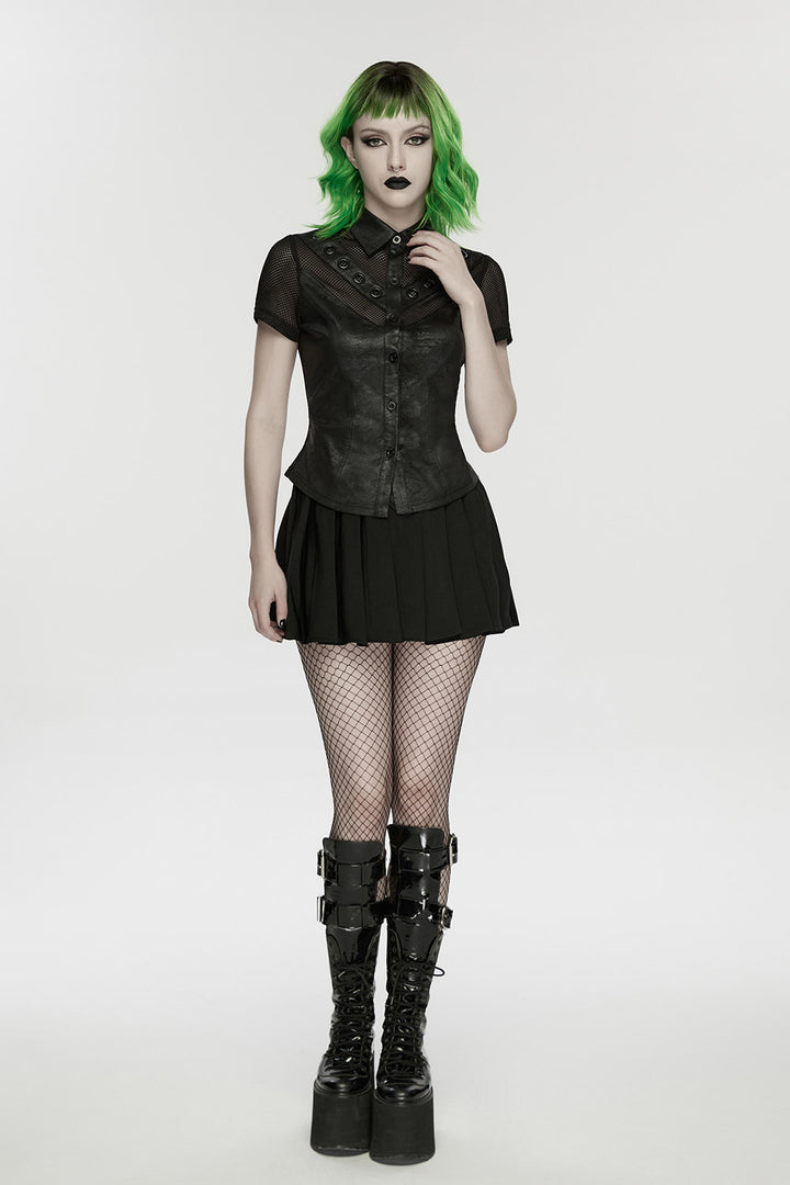fishnet womens button-up short sleeve punk top