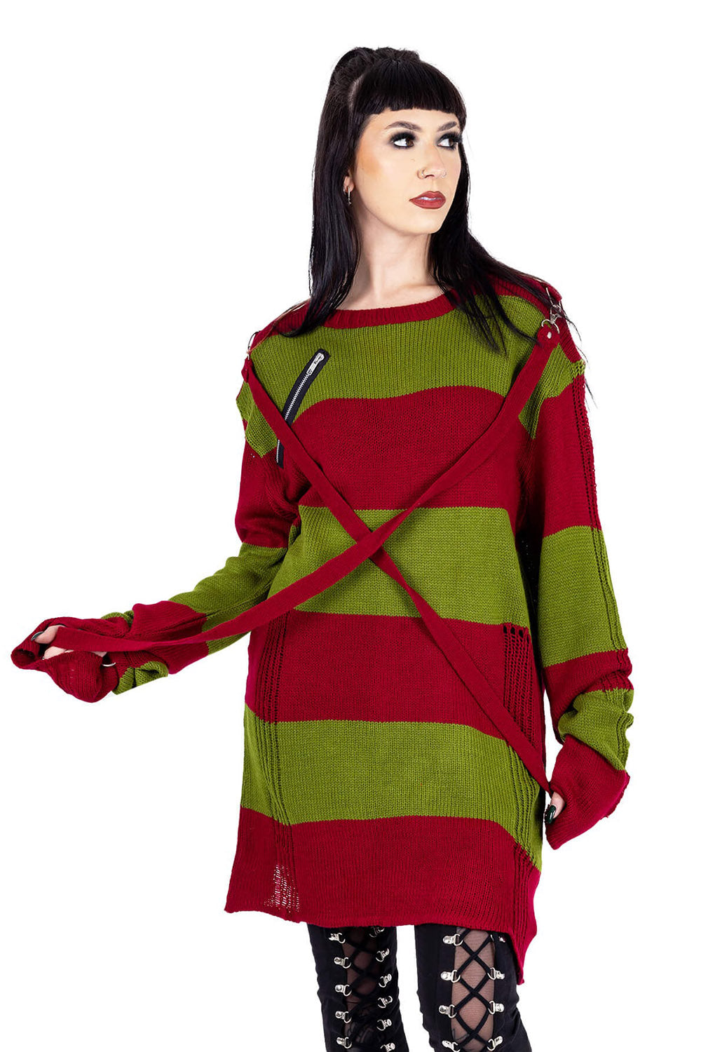 distressed red and green striped sweater top