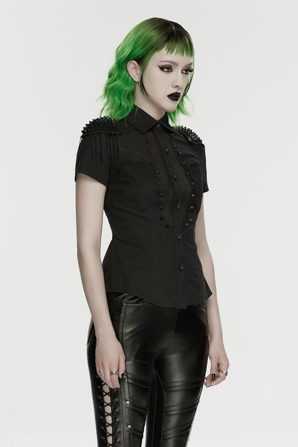 womens collard studded fishnet short sleeve shirt