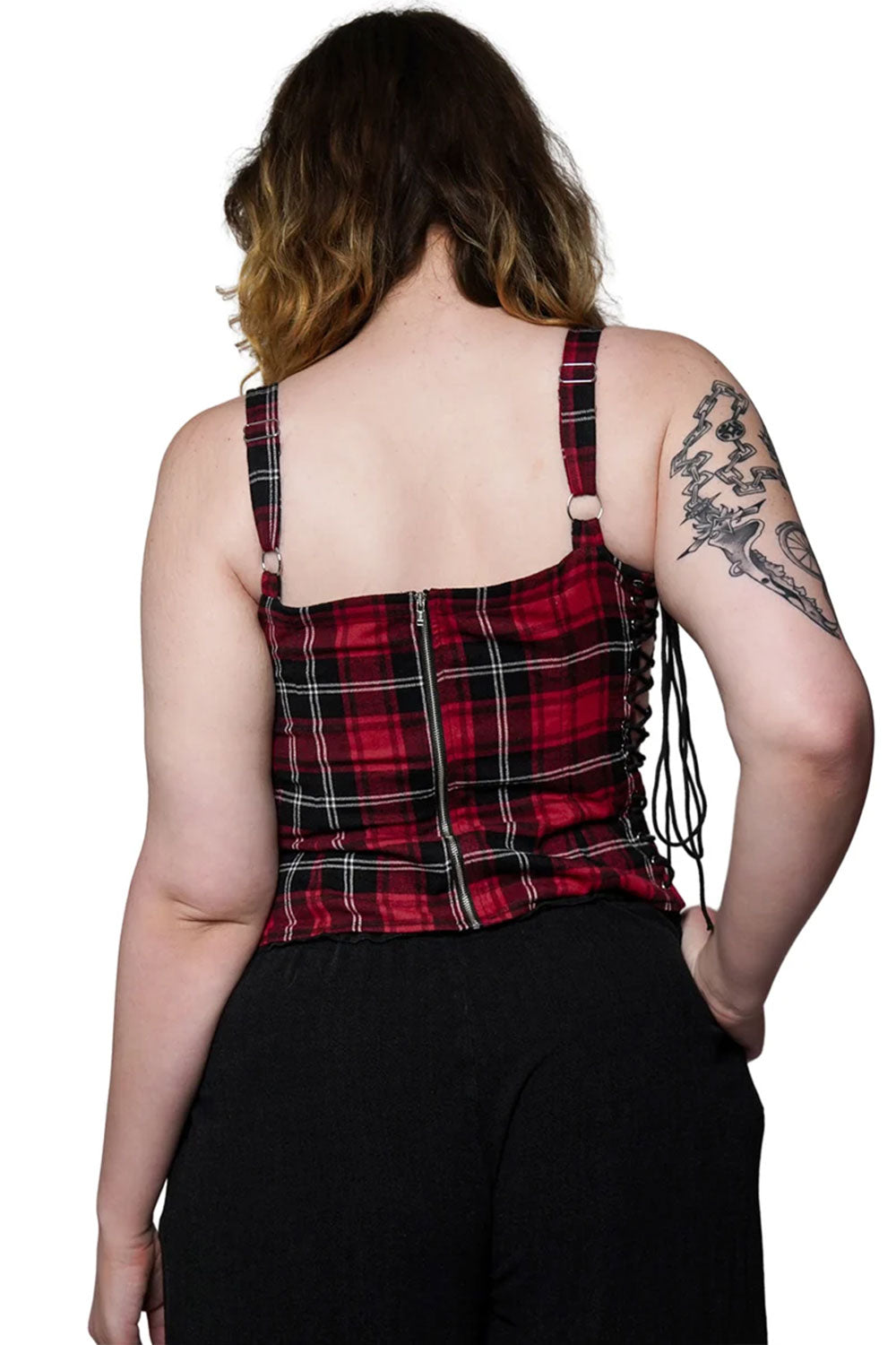 punk fashion red plaid flannel cropped corset top 