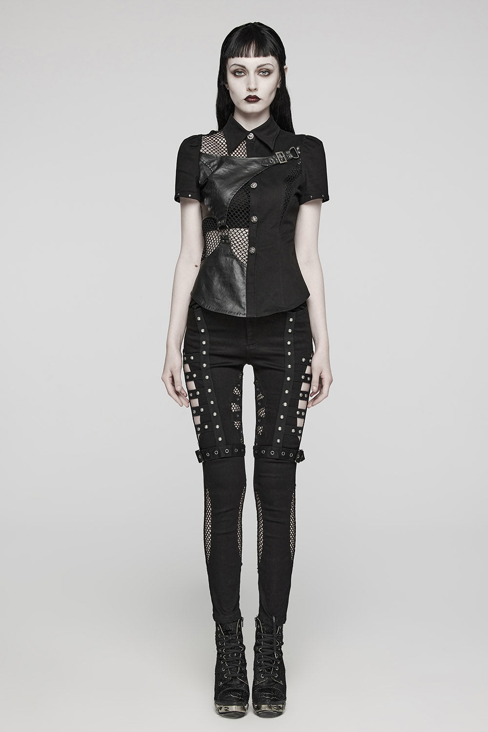 black mid-rise punk skinny jean pants