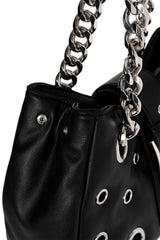 black punk shoulder bag showcasing smooth vegan leather construction and alternative streetwear design