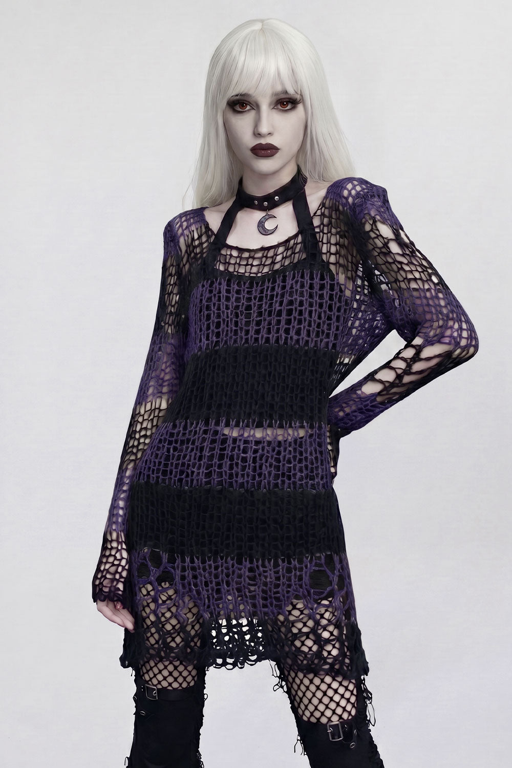 Punk Rave striped purple black long knitted sweater