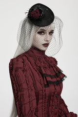 black hat with red rose and black feathers veil