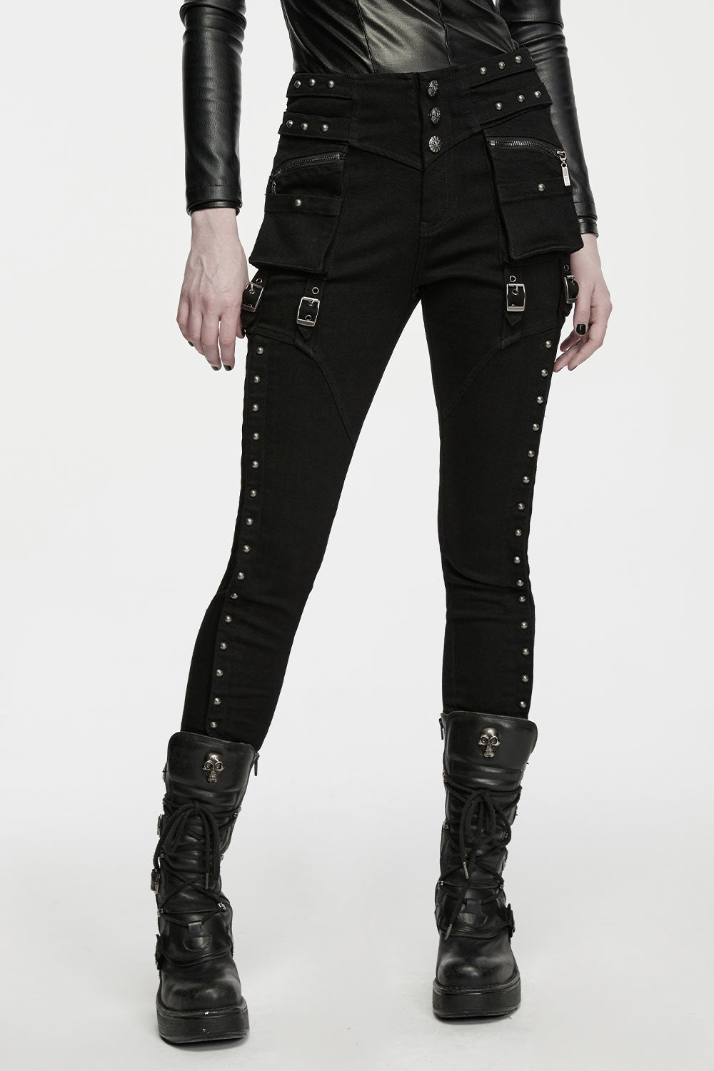 Women's Punk Studded Buckle Cargo Pocket Skinny Pants from punk rave