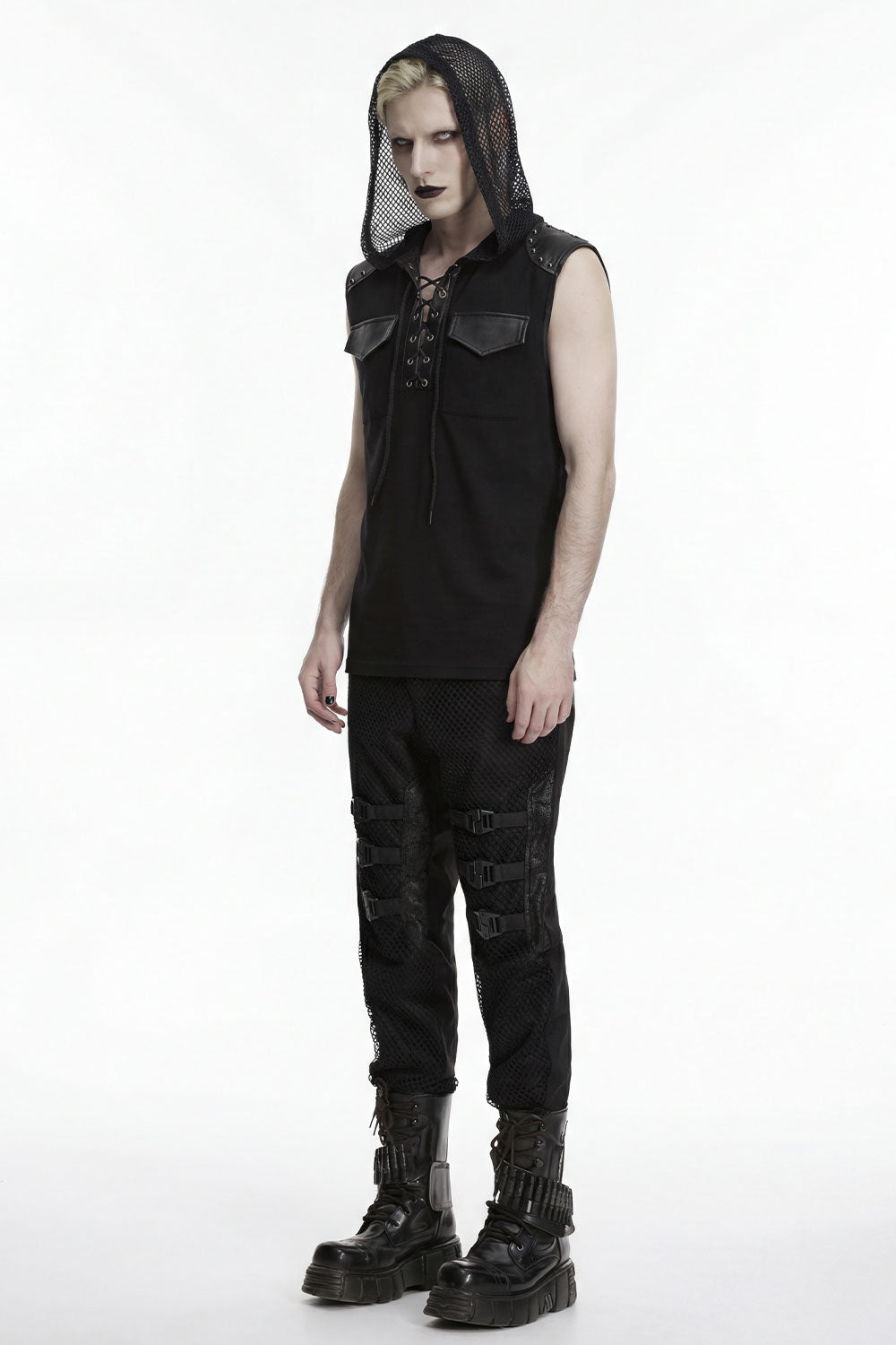 mens black tank top with lightweight hood matched with classic front lace-up details